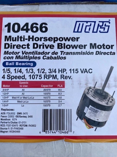 Mars 10466 1/5 to 3/4 Multi-HP 115V Direct-Drive Furnace Blower Motor (NEW) - Image 1 of 1