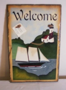Sailboat & Lighthouse Hand-stenciled Welcome Slate - Picture 1 of 2