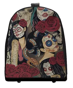 US HANDMADE Mini Backpack with "VINTAGE NOCTURNA 2" Pattern Shiny Black Side - Picture 1 of 5