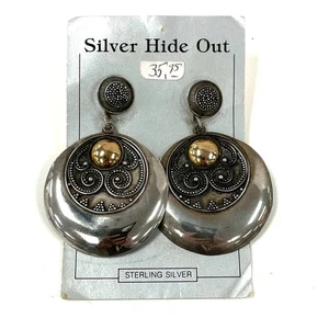 Vintage 2" Sterling Silver Round Shield Design Dangle Post Earrings 9 grams - Picture 1 of 8