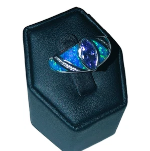 925 Sterling Silver Amethyst, Opal Inlay & Quartz Ring *Size Note*  Blue Purple - Picture 1 of 15