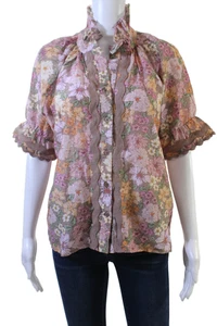 Camicetta donna Sundays cotone floreale collo arricciato bottoni marrone taglia S - Foto 1 di 12