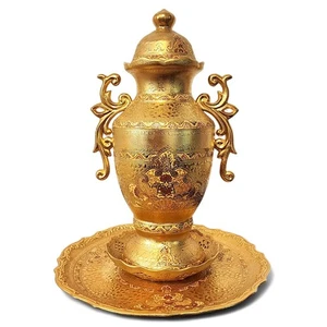Grande urna decorativa dorata vintage con coperchio sottopiatto e ciotola stile mediorientale - Foto 1 di 17