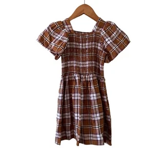 Copper Key Girls Brown Smocked Plaid Flutter Short Sleeve Dress Size 4 NWT - Picture 1 of 10