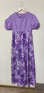 Vintage 70s Purple Floral Puff Sleeve Maxi Dress Easter Handmade Empire Waist - Picture 1 of 4