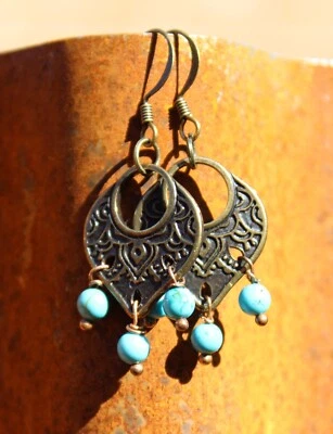 Handmade Earrings - Bronze, Small Howlite Drops   - Image 1 of 2