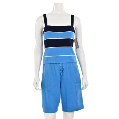 St John Sport 2Pc Navy/Azure Blue Santana Knit Striped Top & Short Set Suit sz P - Image 1 of 4