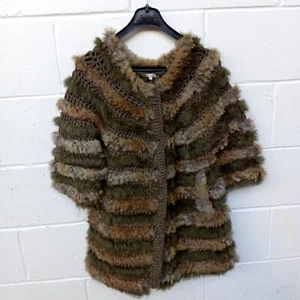 MANOUSH KHAKI OPEN KNIT - BROWN RABBIT FUR 3/4 SLEEVE COLLARLESS JACKET SIZE M - Picture 1 of 13