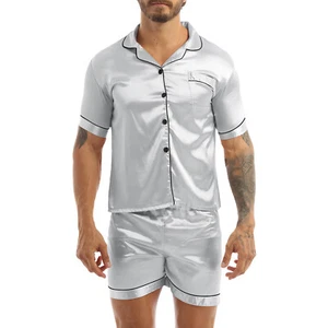 Men's Silky Satin Pajamas Set Short Sleeve Top Shirt and Casual Shorts Nightwear - Picture 1 of 58