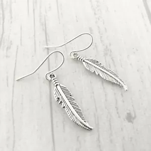 Silver Feather Earrings Shabby Chic Sterling Surgical Steel Boho Dangly Drop - Picture 1 of 3