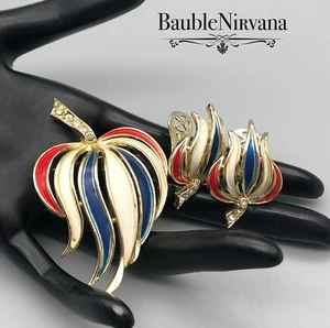 Vintage Emaille rot weiß blau Chrysantheme Blume Anstecknadel Brosche & Ohrringe Set - Bild 1 von 5