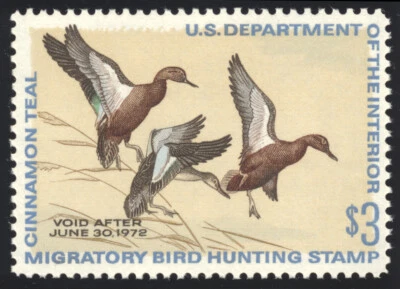 US RW38 $3 Hunting Permit Stamp 1971 Three Cinnamon Teal VF original gum NH - Image 1 of 2