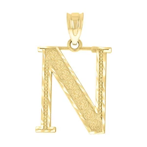 Pure 10k Yellow Gold Unisex Initial "N" Letter Pendant 1.3g Diamond Cut Charm - Picture 1 of 1