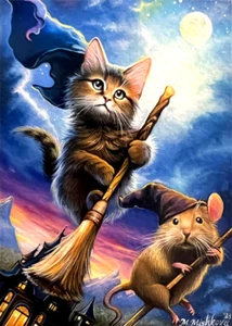 Limited Edition ACEO PRINT Cat Kitten Mouse Witch Broom Flight Magic M. Mishkova - Picture 1 of 1