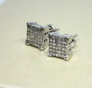 NEW 1.8CT DIAMOND EARRINGS 14K WHITE GOLD PRINCES CUT 9x9MM INVISIBLE UNISEX - Picture 1 of 10
