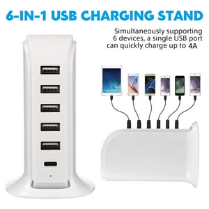 USB Ladestation 6-Port Multi USB TYP-C Schnell Ladegerät Tower Ladestation - Bild 1 von 11