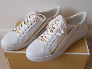 Michael Kors Slade White Leather & Gold Metallic Trainers UK 8 Brand New Boxed 
