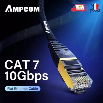 Câble Réseaux Cat 7 LAN Ethernet RJ45 Haute Vitesse Patch Cordon Plat Ampcom 2M