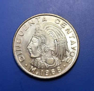 Moeda de cobre/níquel 1968 México 50 centavos circulada.  KM# 451. Ótimo estado - Imagem 1 de 2