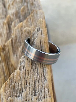 Modern Wedding Band, Titanium Copper Striped Ring, Satin Finish, Made to Order - Image 1 of 4