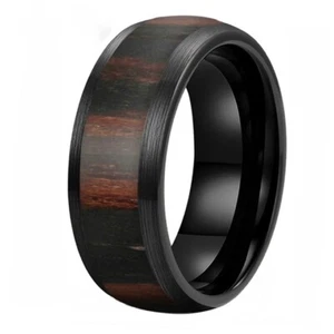 8MM Black Color Dome Brushed Finish Wood Inlay Tungsten Carbide Ring Band Gift - Picture 1 of 5