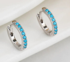 Lab Created 1 Ct Round Cut Turquoise Women's Mini Hoop Earrings 14k White Gold