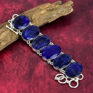 Burmese Blue Sapphire Gemstone Handmade 925 Sterling Silver Lab-Created Bracelet - Picture 1 of 6