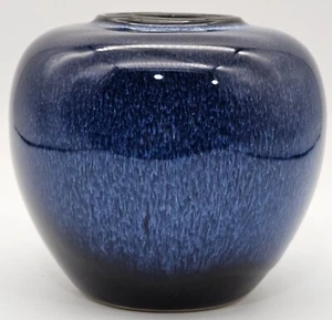 Vintage Dark Cobalt Blue Spatter Vase Japanese Art Pottery Round Blue Vase - Picture 1 of 9