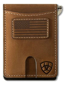 Ariat Western Mens Money Clip Bifold Leather Flag Patch Logo Brown A3566144 - Picture 1 of 3