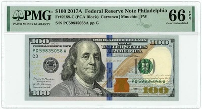 FR.2189C $100 2017A Federal Reserve Note Philadelphia GemUnc66EPQ PMG 950222-221 - Image 1 of 3