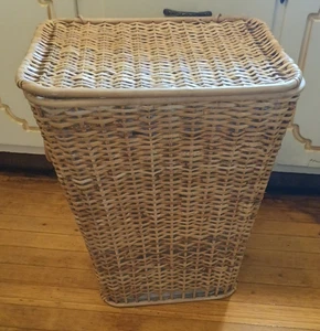 Vtg MCM Laundry basket holder wicker Lined hamper rattan handmade Round Handles - Picture 1 of 24