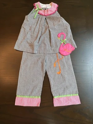 Juego de 2 piezas de flamenco en guinga negra con detalles rosa/verde 6x Ediciones raras Foto 1 de 4