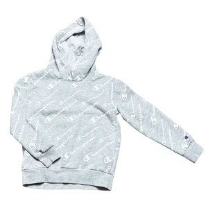 Champion Sweatshirt Youth Size 6X Grey White All Over Print Hooded Fleece Lined - Picture 1 of 3