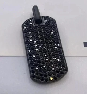 5Ct Round Cut Real Moissanite Black Dog Tag Pendant 14K Black Gold Plated Silver - Image 1 of 4