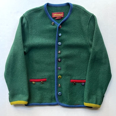 Cárdigan Geiger Austria Lana Hervida Niños 140 (10-12) Verde Botón Frontal Folclore Foto 1 de 4