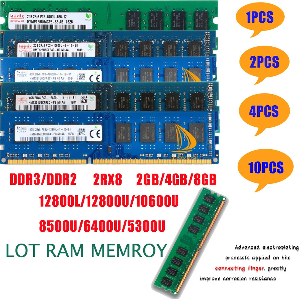 LOT Hynix 8GB 4GB 2GB 2RX8 DDR3/DDR2 12800U/10600U Desktop Memory RAM PC3 / PC2 - Image 1 of 4