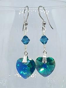 Pendientes de plata, pendientes, clips para pendientes con corazón Swarovski circonita azul AB, handmad - Imagen 1 de 10