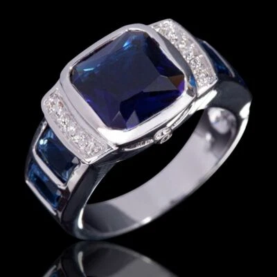 Anillo de compromiso de lujo de zafiro azul chapado en oro talla 8,9,10,11 de moda para hombre Foto 1 de 4