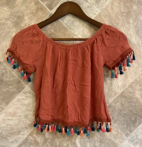 See You Monday Shirt Women's Sz S Rust Color Festival Crop Top with Tassels - Picture 1 of 5