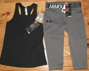 Under Armour black tank top & gray cropped capri leggings NWT girls' L YLG - Picture 1 of 3