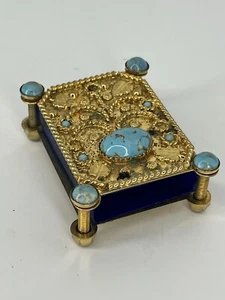 Vintage Ornate Gold Tone With Blue Stone Or Glass Cabachon Match Box Holder - Imagen 1 de 8