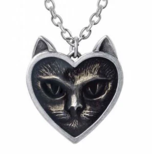 Love Cat Pendant Necklace, Gothic, Black Feline, Witch, Heart, Alchemy England - Picture 1 of 5