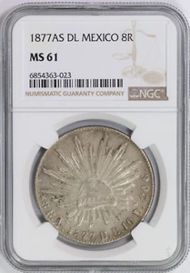 1877-AS DL Mexico 8R NGC Silver 8 Reales KM#377 UNC Mint State MS61 Pop 4/3 - Picture 1 of 4