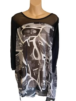 Lynn Ritchie Silver Sheer Abstract Blouse Top Black Gray Print Size XL - Image 1 of 4