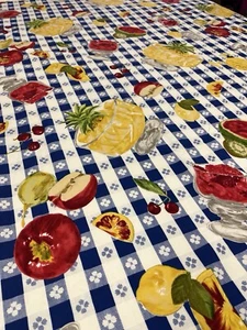VTG 1993 Sykes Enterprises Cotton Fruit Tablecloth Fabric 44”x58” Blue Red Green - Picture 1 of 5