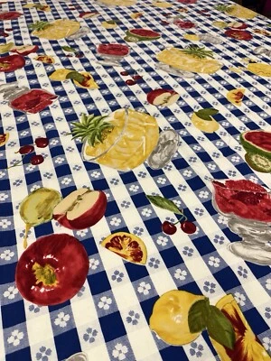 VTG 1993 Sykes Enterprises Cotton Fruit Tablecloth Fabric 44”x58” Blue Red Green - Image 1 of 4