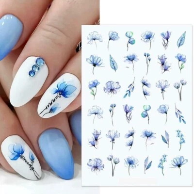 Nail Art Stickers Transfers Decals Spring Summer Blue Flowers Floral Fern (S016)