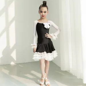 Girls Ballroom Latin Dance Dress Elastic Mesh Ruffle Dancing Costume Outfit Cute - Picture 1 of 11