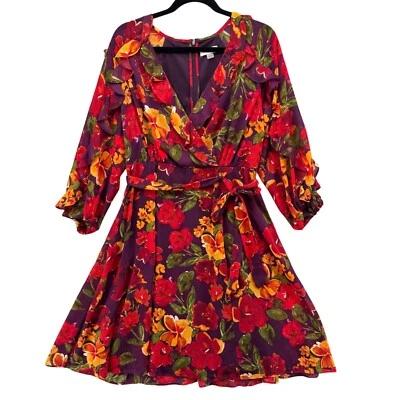 Calvin Klein Floral Belted Dress Purple Multicolor Faux Wrap Long Sleeve Size 10 - Image 1 of 4