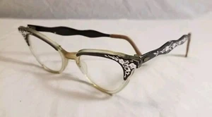 Vintage 5 1/2" L.O. Eyeglasses 46/22 Horn-Rimmed Cateyes Glasses Floral Design - Picture 1 of 23